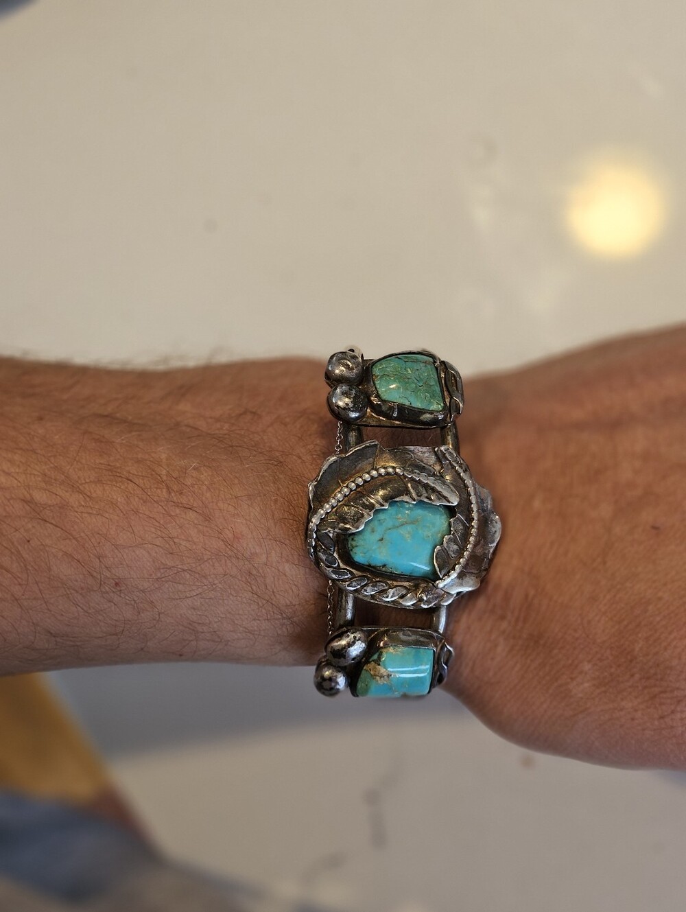 Old Pawn Navajo Turquoise Sterling Silver Leaf Cuff Bracelet Fred Harvey Era